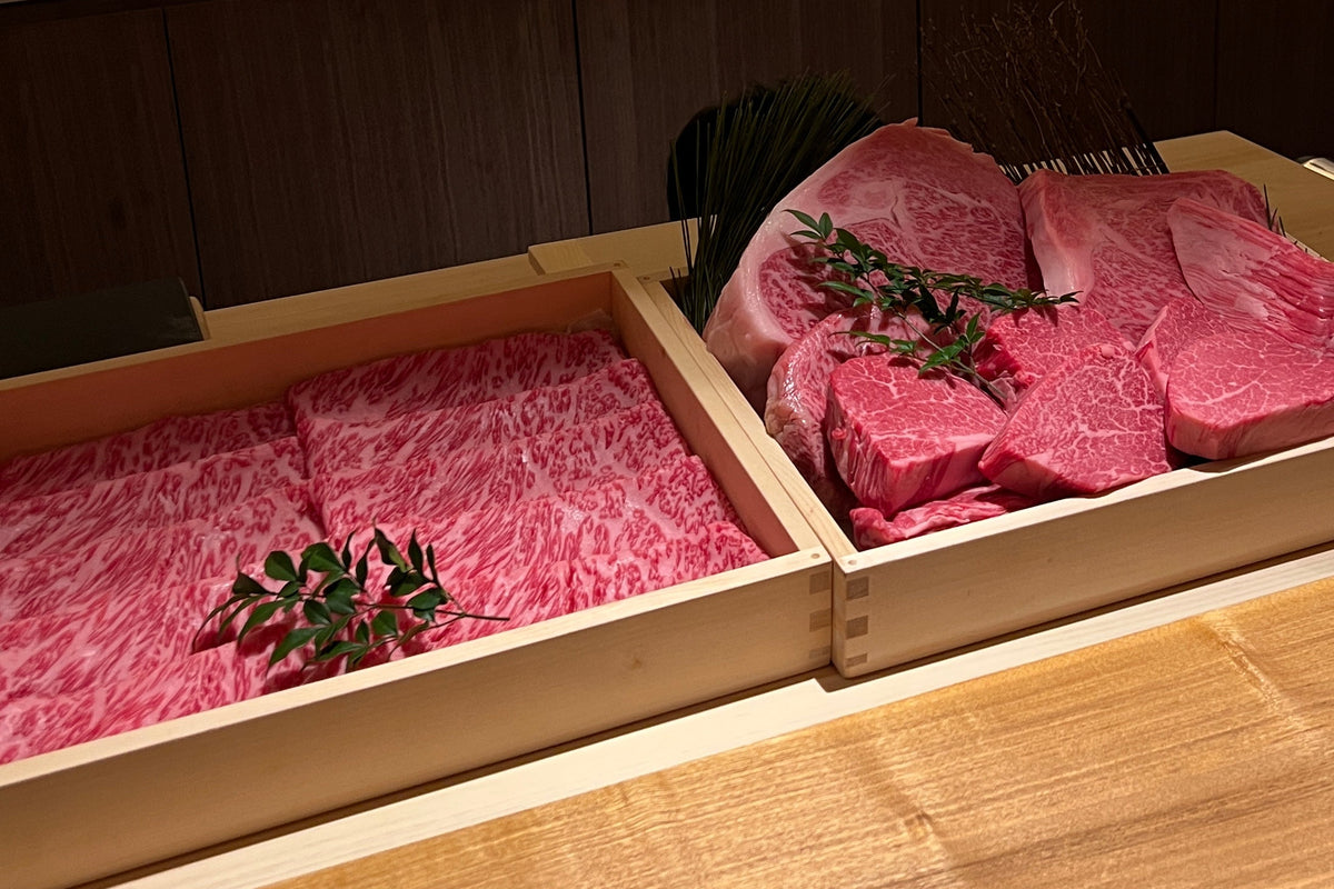Trays of cut wagyu on the counter